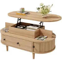 Moonbite Ovaler Hubtisch mit Stauraum, Couchtisch 105 × 50 cm mit hydraulischer Tischplatte, offenen Fächern und Schiebetüren, MDF-Platte, Natur