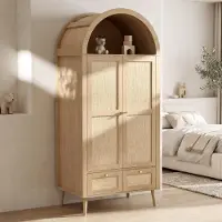 OKWISH Kleiderschrank mit offener Ablage und 2 Schubladen, Schrank mit Kleiderstange und 2 Türen,Bogenfront, Eiche