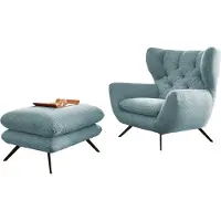 KAWOLA Sessel CHARME Hochlehnsessel Cord hellblau mit Hockerbank