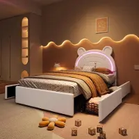 STILVORA Polsterbett 90 x 200 cm mit Bären-Kopfteil und 4 Schubladen, Kinderbett mit Schubladen an beiden Bettseiten,Jugendbett mit App-gesteuerter LED-Beleuchtung