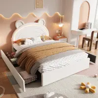 Flieks Kinderbett 140x200cm mit Kopfteil in Bärenform, Polsterbett Doppelbett mit Led, Jugendbett Stauraumbett mit 4 Schubladen, Samt, Beige
