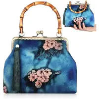 Merkloos Inovra – Handtasche, mittelgroß – Vintage-Handtasche – Umhängetasche – Damenhandtasche – Jacquard-Stoff – Bambusgriffe – 24,5 x 18,5 x 7,5 cm