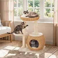 Yaheetech Kratzbaum aus PE-Rattan, 72 cm, mit Katzenhöhle & Liegeplatz, abnehmbare Plüschmatte, Rattan-Optik, für kleine & mittelgroße Katzen, Beige