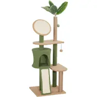 Moonbite Kratzbaum 139 cm im Naturdesign mit künstlichen Blättern, Katzenhöhle, Rampe, Sisal-Kratzsäulen und 2 Spielbällen, Plüschüberzug, Spanplatte, Grün