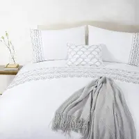 Sonstiges Bettwäsche-Set 3-teilig 200x200 cm + 2x 50x75 cm Weiß Grau Bestickt Geo-Ösen Baumwolle/Polyester