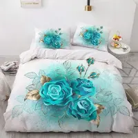 Sonstiges Bettwäsche-Set Rosen 200x200cm Türkis Blumenmuster 2 Kissenbezüge 80x80cm Microfaser mit Reißverschluss