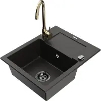 Mexen Enzo 1 Becken-Granitspüle mit Abtropffläche und Mischbatterie Telma, Schwarz/Gold - 6506-75-670200-50-B