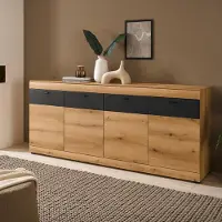 Lomadox Wohnzimmer Sideboard in Eiche mit Graphit matt, 200 cm breit, 4-türig, 2 Schubladen, Softclose - SANZA-61
