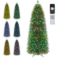 Costway 225 cm Künstlicher Weihnachtsbaum schmal mit 948 PE & PVC Spitzen, Tannenbaum mit 280 LEDs, 42 Lichteffekten & Metallständer, Christbaum grün