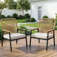 StarTech.com Gartenstuhl Set Rattan - Gartensessel 2er Set - Metallgestell - 8 cm dicke Sitzkissen - Für Balkon & Terrasse - Gelb Creme