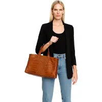 Gave Lux Damenhandtasche Dunkelbraun Rindsleder Krokodilprägung Dark Cognac UNICA 38x24x16 cm