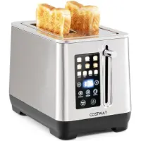 Costway Toaster 2 Scheiben 1000W Edelstahl, Langschlitztoaster mit LED-Touchscreen, 6 Bräunungsstufen, 4 Brotarten, Auftau-, Aufwärm- & Stoppfunktion