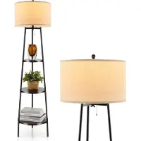 Costway Stehlampe 3 Holzregale bis 15kg belastbar, Stehleuchte mit Leinen Lampenschirm, Standleuchte, Standlampe 41x41x153cm