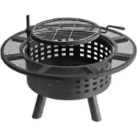 Relaxdays Feuerschale, Ø 91,5 cm, verstellbarer Grillrost, Deckel & Schürhaken, Feuerstelle Garten, Feuerkorb, schwarz