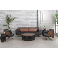 AEA Komplette Büro Schreibtisch Leder Bürotisch Set 5tlg Holz Schwarz Luxus Groß