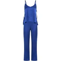LASCANA Pyjama , Damen, Gr. 42, blau, Satin, Obermaterial: 96% Polyester, 4% Elasthan, gerade hüftlang, tiefer V-Ausschnitt, Homewear-Sets Pyjama, mit Bändern zum Verschließen