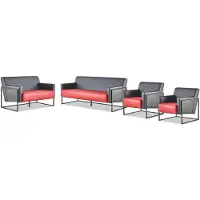 AEA Komplett-Set 3-Sitzer Sessel Schwarz Rot Sofa-Set Leder Edelstahl Holz