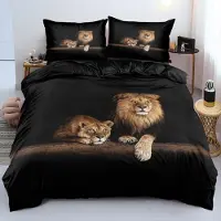 YASMENG Bettwäsche-Set 4-teilig Tiermotiv Löwe 135x200 cm Braun Schwarz Mikrofaser 2x Kissenbezug 80x80 cm mit Reißverschluss