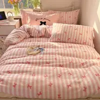 Sonstiges Bettwäsche 155x220cm 2-teilig Weiß Rosa Gestreift mit Schleifenmuster Mikrofaser