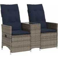 vidaXL Gartensofa Verstellbar 2-Sitzer mit Tisch Grau Poly Rattan