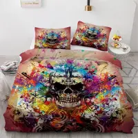 Sonstiges Bettwäsche-Set Schädel 155x220 cm 3-teilig Mikrofaser Bunt Graffiti Wendebettwäsche mit Reißverschluss 3D Motiv 2 Kissenbezüge 80x80 cm