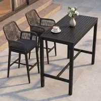 Mendler Set Bartisch + 2x Barhocker HWC-P91, Barstuhl Stehtisch, Outdoor Sitzpolster Seilgeflecht Metall anthrazit