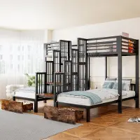 MODFU Etagenbett 90 x 200 Jugendbett mit 3 Schlafplätze,Treppe und Sicherheitsgeländern, Doppelbett mit Schubladen, Kinderbett ohne Matratze, Schwarz