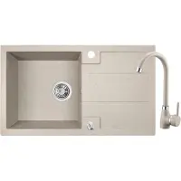 Laveo BADLAND SET Spültischarmatur und Granitspüle Einzelbecken BARBADOS 44x76 Beige mit langer Abtropffläche | Siphon im SET!