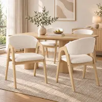 Flieks Esszimmerstühle 4er Set, Polsterstühle mit geschwungenen Rückenlehnen, Küchenstühle Wohnzimmerstuhl mit Leinenbezug, Naturholzfarbe