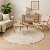 My Flair Wollteppich "Wooly Nature", beige (natur,weiß), H:10mm Ø:200cm, Baumwolle, Wolle, MÖBEL & ACCESSOIRES, Teppiche, Wollteppich, Handwebteppich, reine Wolle, Scandi Design, handgewebt, Wohnzimmer