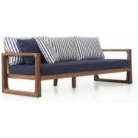 AEA Modernes 3-Sitzer Gartensofa Blau Braun Holzgestell Polstersofa