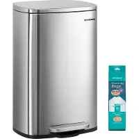 Songmics Mülleimer, Abfalleimer, 50 Liter, Treteimer aus Stahl, Inneneimer aus Kunststoff, mit Klappdeckel, Softclose, luftdicht, für die Küche, silbern LTB050E01