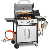 Klarstein Gasgrill mit Großer Grillfläche, 1 Seitenbrenner Gasgrill mit 3 Brenner, 13,5kW Edelstahl-Gasgrill, BBQ Gasgrill für Balkon & Garten, Grill für Propan, Gasgrills mit 4 Brennern & Thermometer