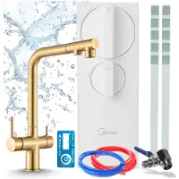 ARI Küchenarmatur Mit Wasserfilter Ro5 Osmose 400 Gpd, Zweigriffarmatur, Messing, Keramikventil, Ausziehbrause, 360 Grad Schwenkbar, Gebürstetes Gold