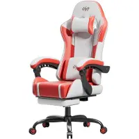 StarTech.com Ergonomischer Gamingstuhl Bürostuhl - Lendenmassage - Verstellbare Kopfstütze - Ausziehbare Fußstütze - 360° drehbar - Kunstleder ohne Rollen - Weiß Rot