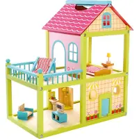 Bino Holz Puppenhaus, möbliert, mit Balkon, 2 Spielebenen, 41-teilig, inkl. Zubehör, 55,5x30,2x50 cm