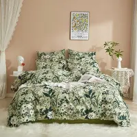 Sonstiges Bettwäsche-Set 4-teilig 135x200cm + 2x 80x80cm Baumwolle Dunkelgrün Blumenmuster