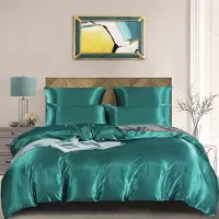 Sonstiges Bettwäsche-Set 4-teilig Satin 135x200cm Türkis Grau Mikrofaser Glänzend Wendebettwäsche mit Reißverschluss
