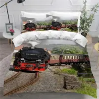 Sonstiges Bettwäsche-Set Zug Eisenbahn 200x200 cm 3-teilig Mikrofaser 3D Druck Retro-Dampfwagen mit Reißverschluss und 2 Kissenbezügen 80x80 cm