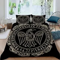 Sonstiges Bettwäsche Set 2-teilig 135x200 cm mit Kissenbezug 80x80 cm 3D Druck Wikinger Krähe Mikrofaser Reißverschluss