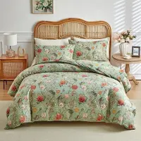 Sonstiges Bettwäsche-Set 135x200 cm 2-teilig Grün Blumenmuster mit Reißverschluss