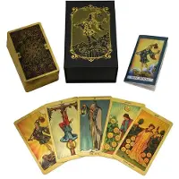 Merkloos Elzusha Tarotkarten, golden, 78 Stück – Wasserdichtes PVC – Tarot-Kartenset mit englischer Anleitung – Holografischer Druck – Langlebig – Für Anfänger und Fortgeschrittene – Tarot-Kartenset