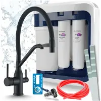ARI Set Trinkwasserfiltersystem Mit Küchenarmatur Ro-202S Pro, 3-Wege-Armatur, Keramikkartusche, Perlator, Messing, 360 Grad Schwenkbar, Schwarz Matt