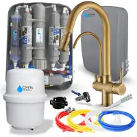 ARI Küchenarmatur Parma, Einhebelmischer, Keramikkartusche, Perlator, Luftsprudler, Ro7 Slim Wasserfilter 7-Stufig, 75 Gpd, Messing, Gebürstetes Gold