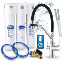ARI Küchenarmatur Mit Wasserfilter Magneto, Zweigriffarmatur, Keramikkartusche, Perlator, Messing, Chrom, 6000 L, Inklusive Anschlussschläuche