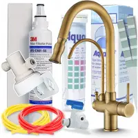 ARI Küchenarmatur Parma Einhebelmischer Aus Messing Mit Keramikkartusche, Perlator, 360 Grad Schwenkbar, Wasserfilter-Set, Gebürstetes Gold
