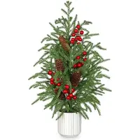 Merkloos Solidchoice – Künstliche Weihnachtspflanze im Topf mit roten Beeren und Tannenzapfen – Kleine Norfolk-Kiefer
