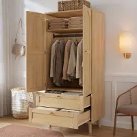 Ninkear Kleiderschrank, Naturholzoptik, Rattan-Design, Kleiderstange, 2 Schubladen (Natural)