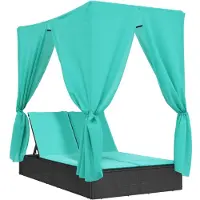 vidaXL Doppel-Sonnenliege mit Dach und Vorhängen Schwarz Poly-Rattan