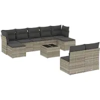 vidaXL 10-tlg. Garten-Sofagarnitur mit Kissen Hellgrau Poly Rattan